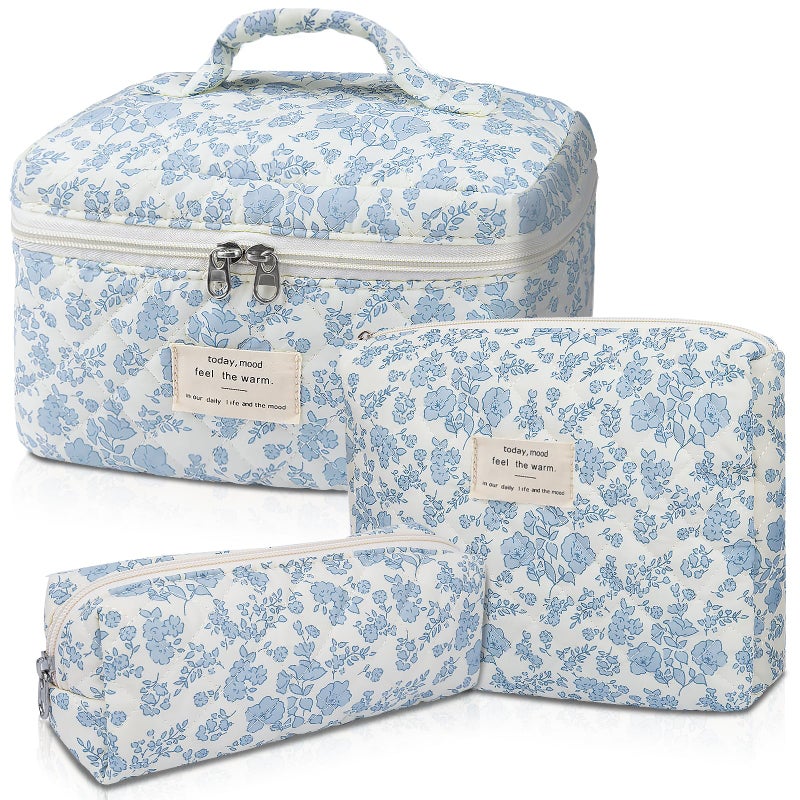 Makeup Bag Large Quilted Cosmetic Bag Big Floral Make Up Bag for Women Girls Cute Cotton Makeup Bag Set Flower Travel Toiletry Organizer Bag Blue Flower